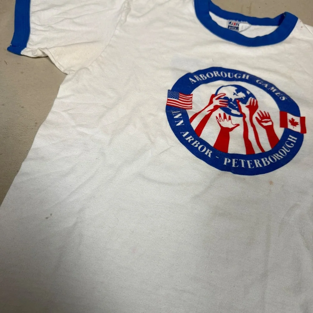 Vintage 80s Hanes Arborough Games Ringer T-Shirt Mens Medium Jersey